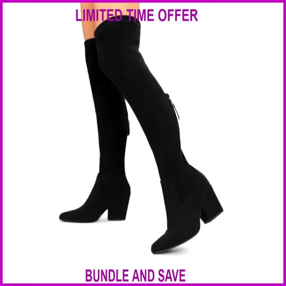 Pointed Toe Thigh High Boots Chunky Block Heel Over the Knee